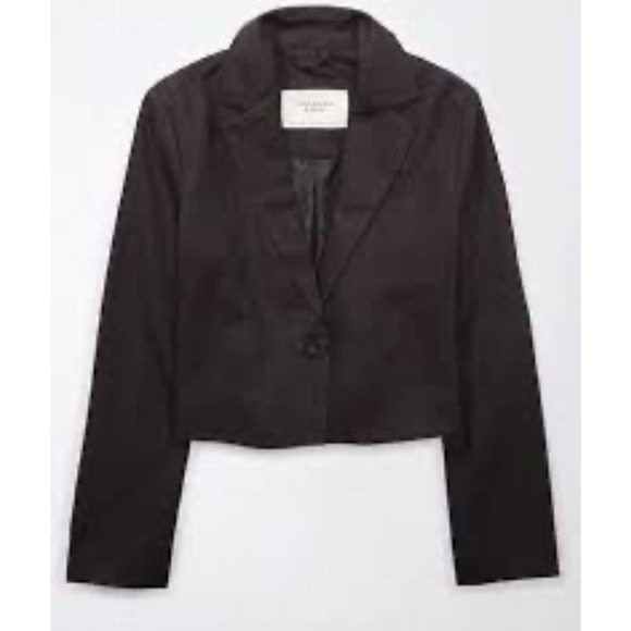 American Eagle Cropped Linen 1 Button Blazer Medium Black NWT Jacket Lightweight - Picture 1 of 7